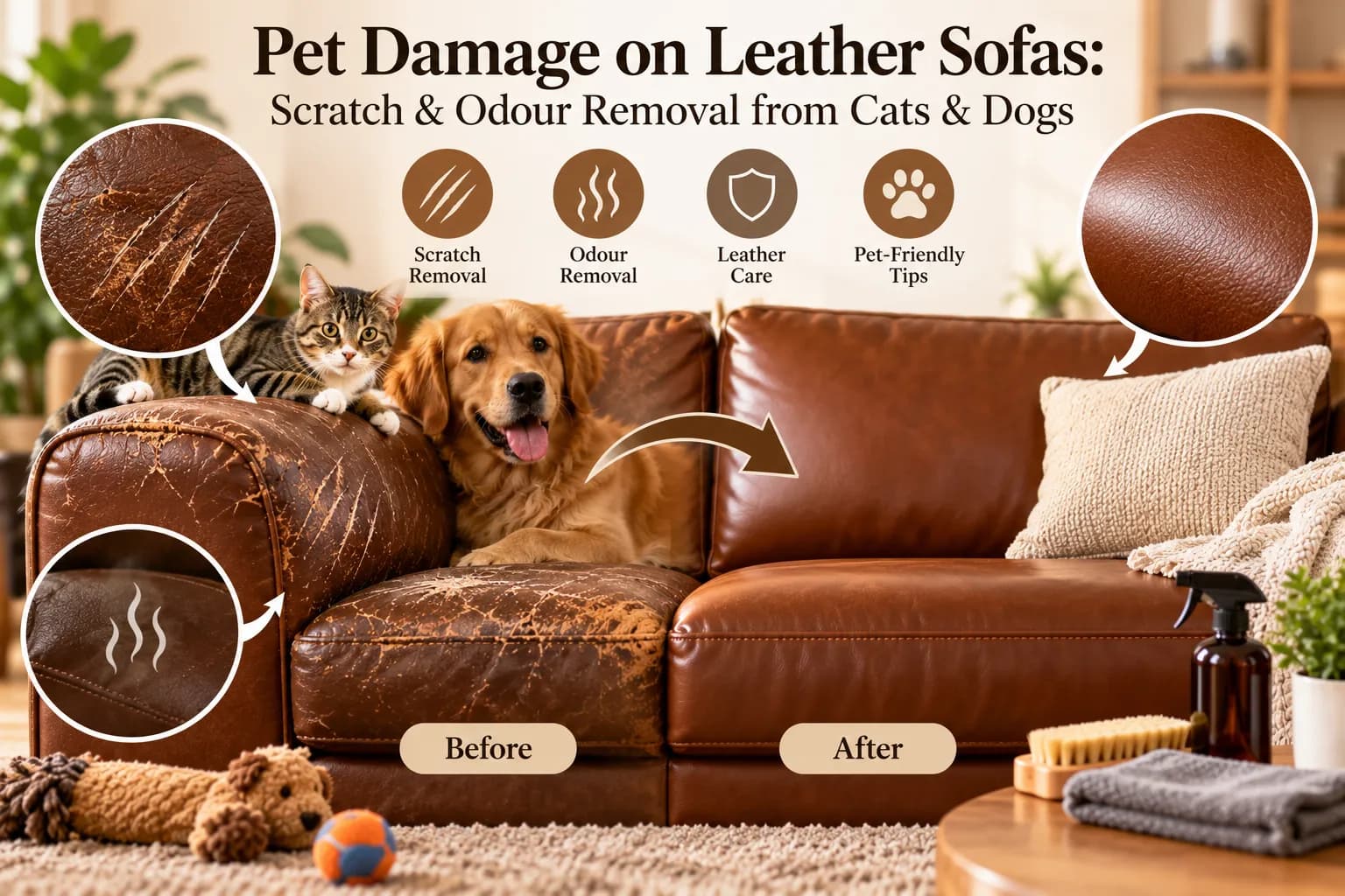 Pet Damage on Leather Sofas: Scratch & Odour Removal from Cats & Dogs