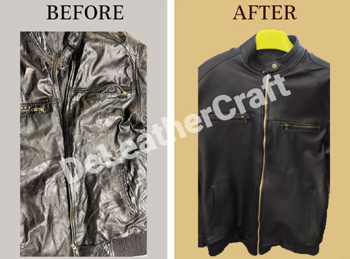 Blue leather jacket cleaning and reconditioning — before and after