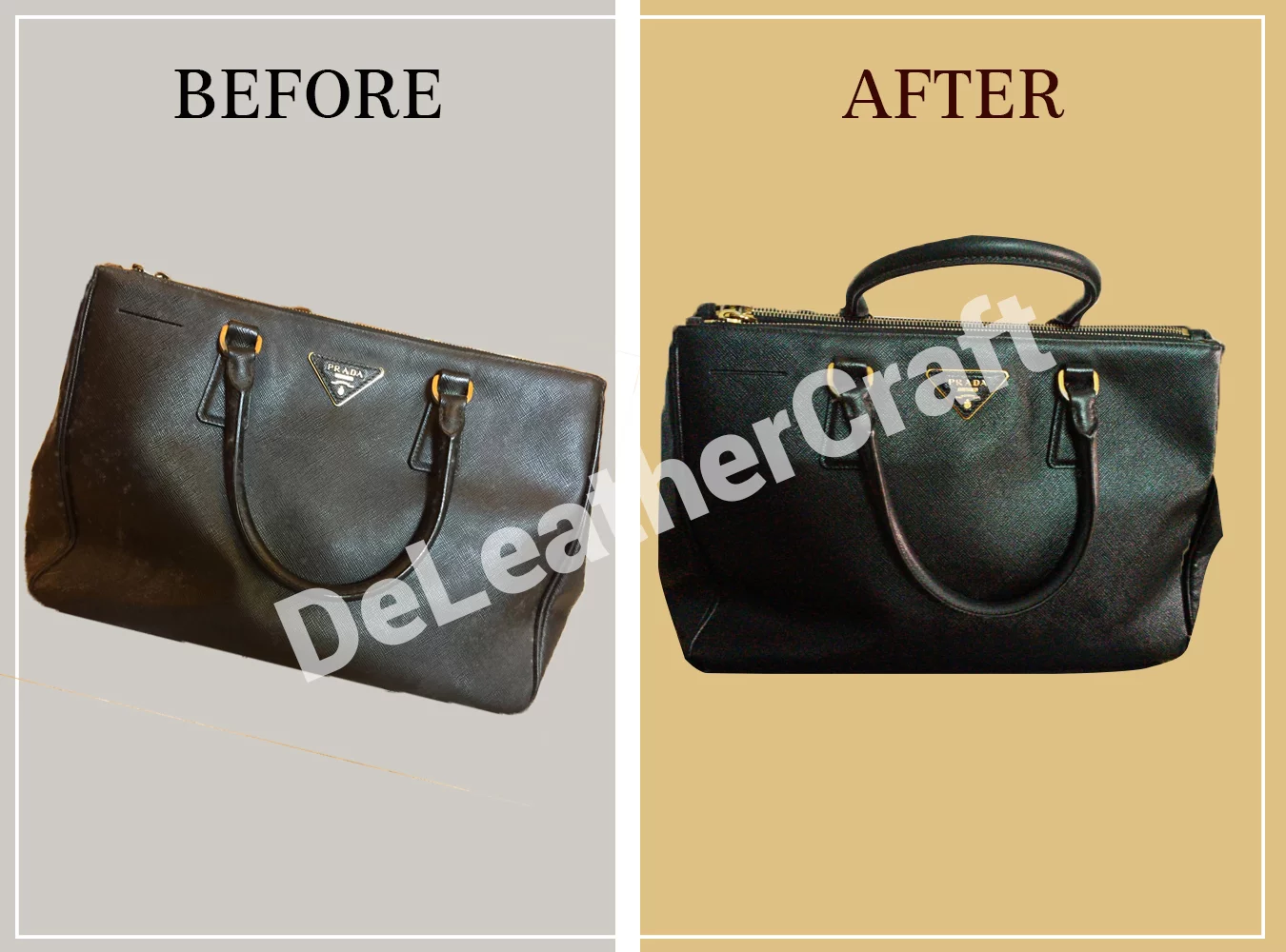 Designer leather bag restoration — before and after