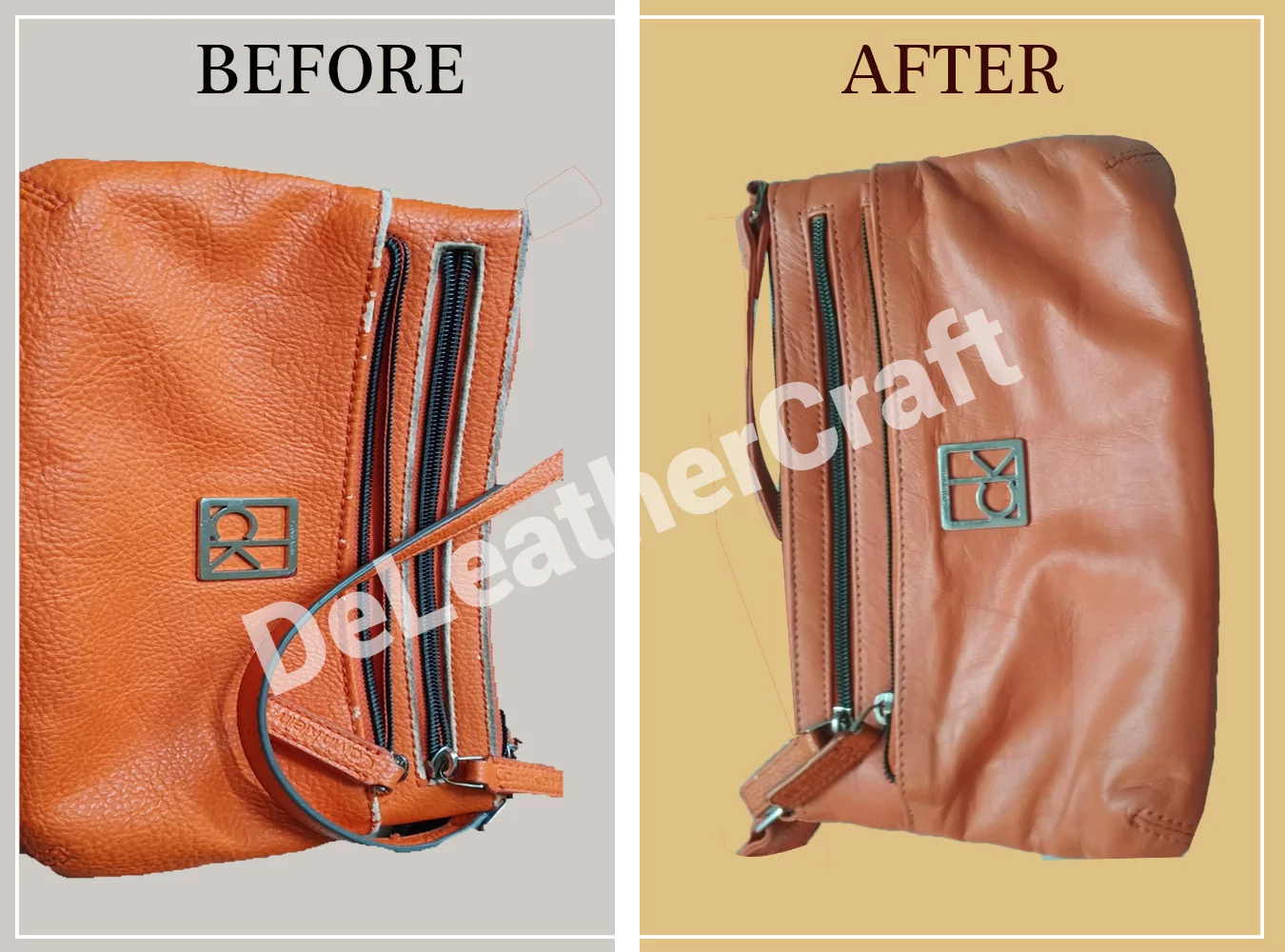 Leather bag colour restoration — before and after