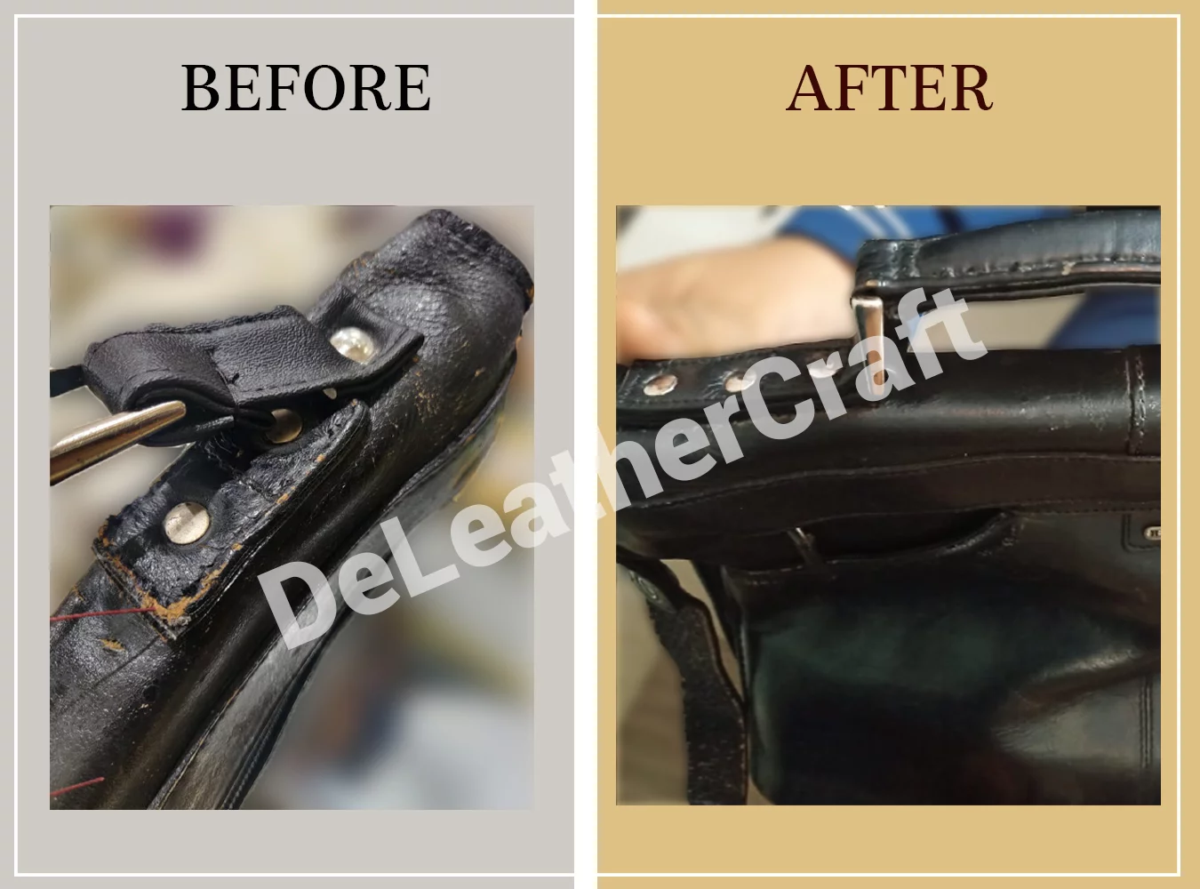 Bag hardware and corner repair — before and after