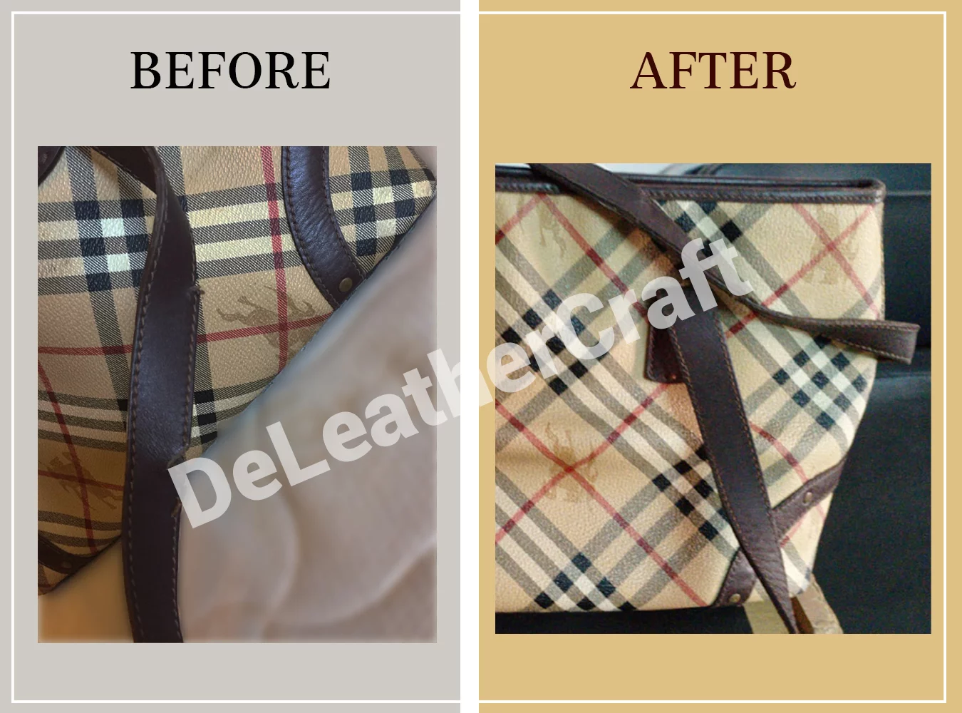 Burberry check bag strap restoration — before and after