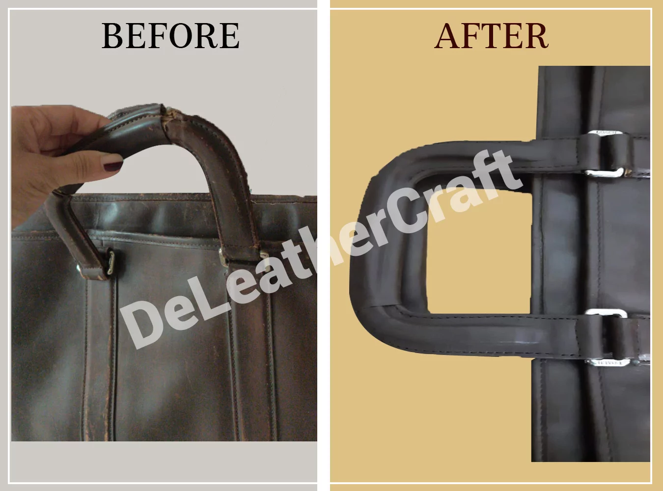 Leather handle re-stitch and restoration — before and after