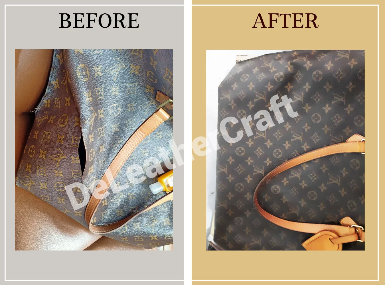 Louis Vuitton monogram bag restoration — before and after