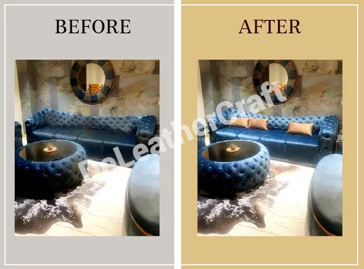 Blue leather Chesterfield sofa cleaning and restoration — before and after