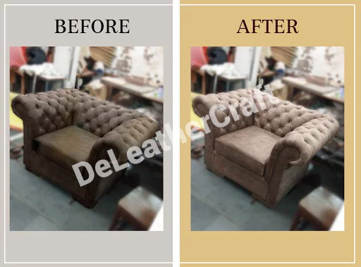 Brown leather tub chair restoration and re-colour — before and after